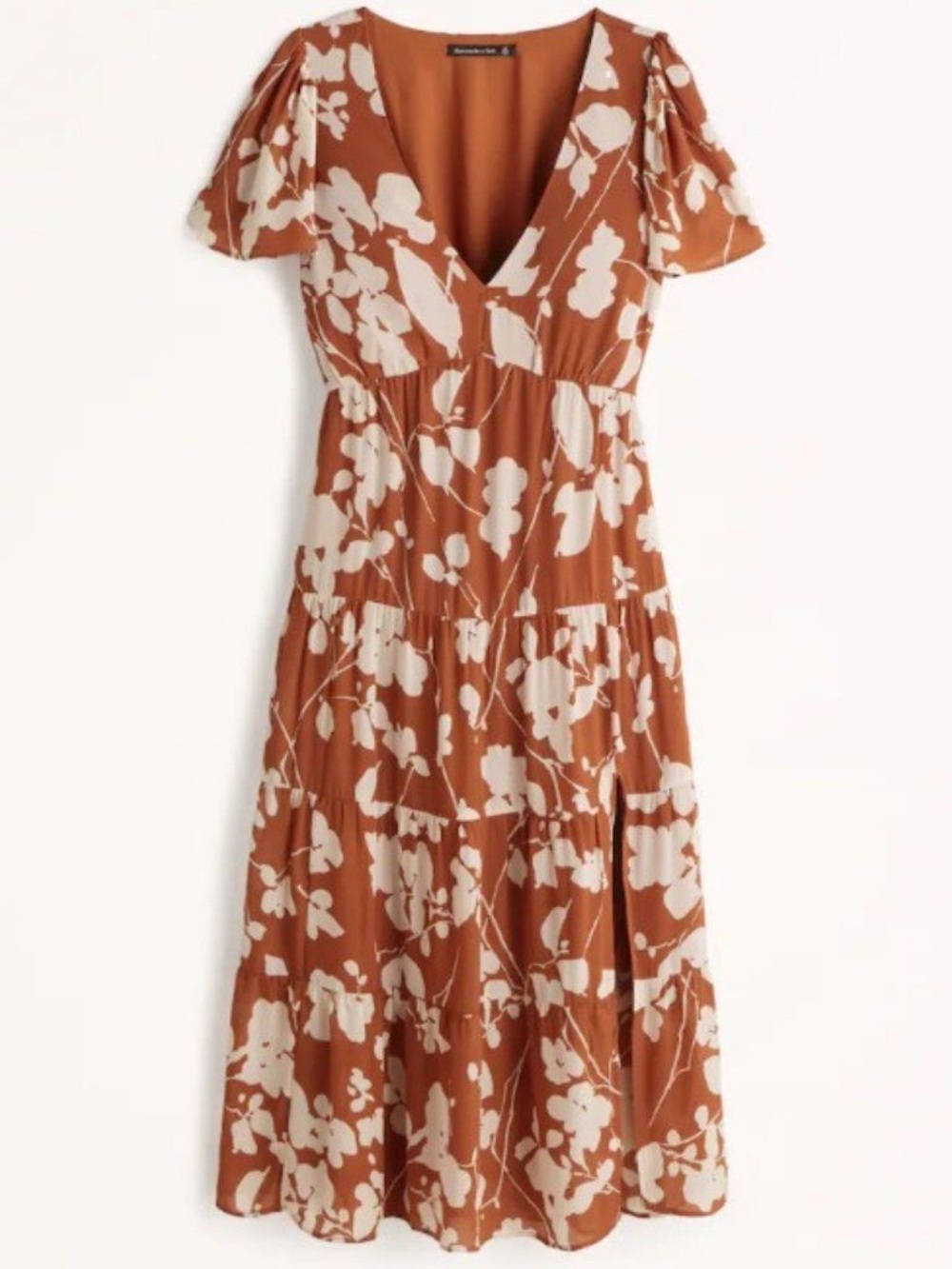 Abercrombie & Fitch Rust and Cream Floral V-Neck Tiered Midi Dress